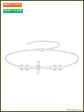10k Gold Cross Bracelet Created Moissanite Freshwater Pearl Religious 8.4 in